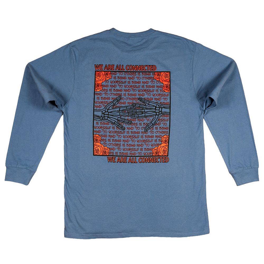 Back view of Kindness Long Sleeve Tee – We Are All Connected skeleton hands and roses graphic in red and black on blue cotton shirt