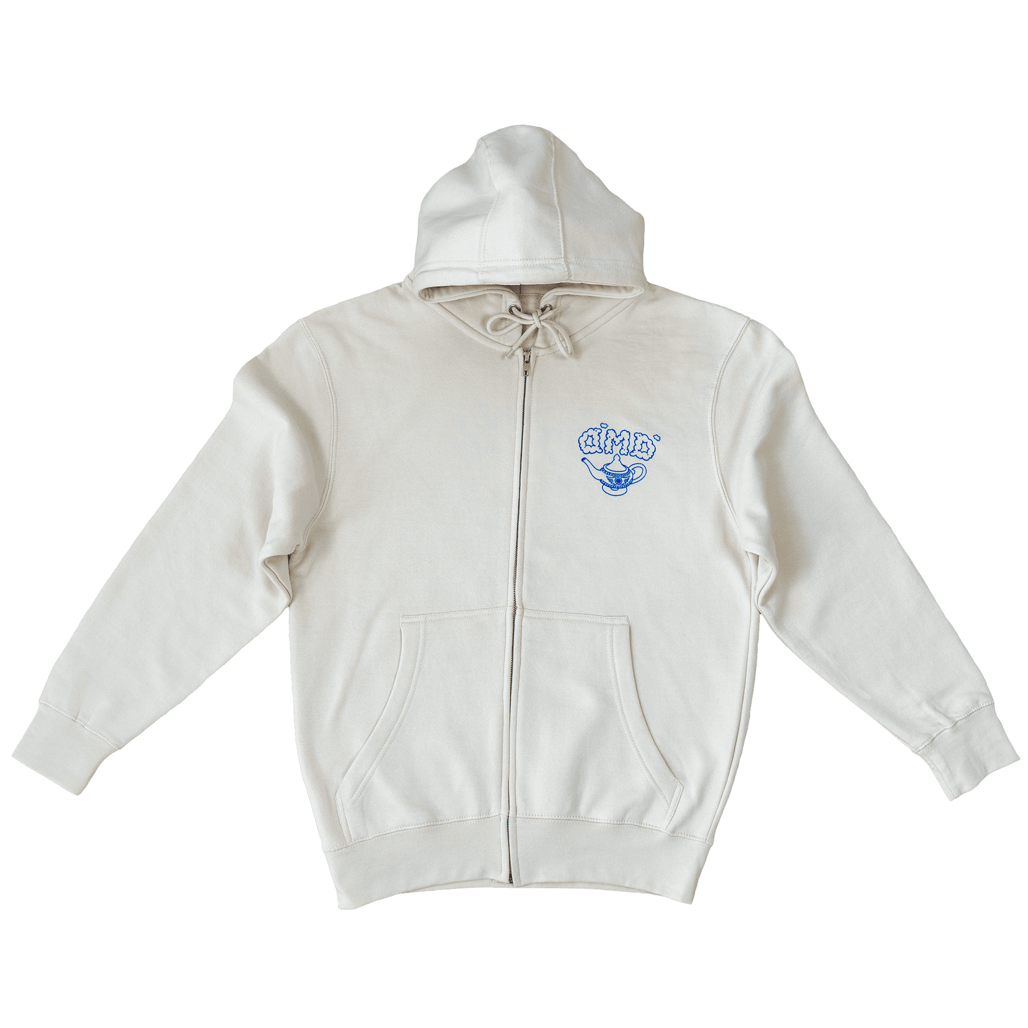 Cream zip hoodie front view with DMD genie lamp chest logo.