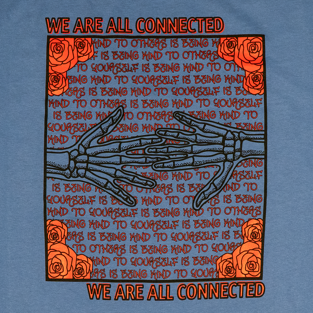 Back view of Kindness Long Sleeve Tee – skeletal hands and roses design with message ‘We Are All Connected