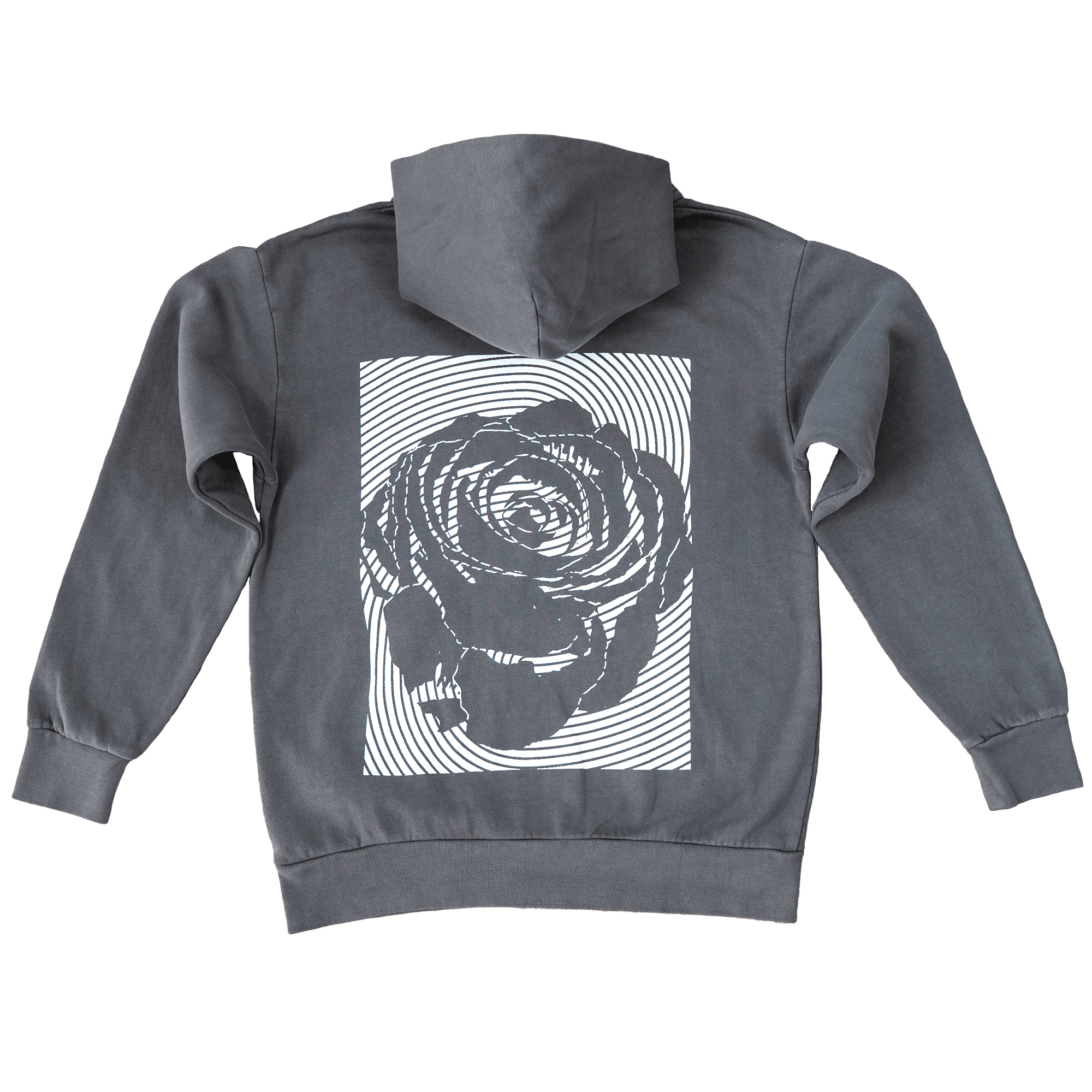 Rose Heavyweight Hoodie back view with oversized radial rose print in white