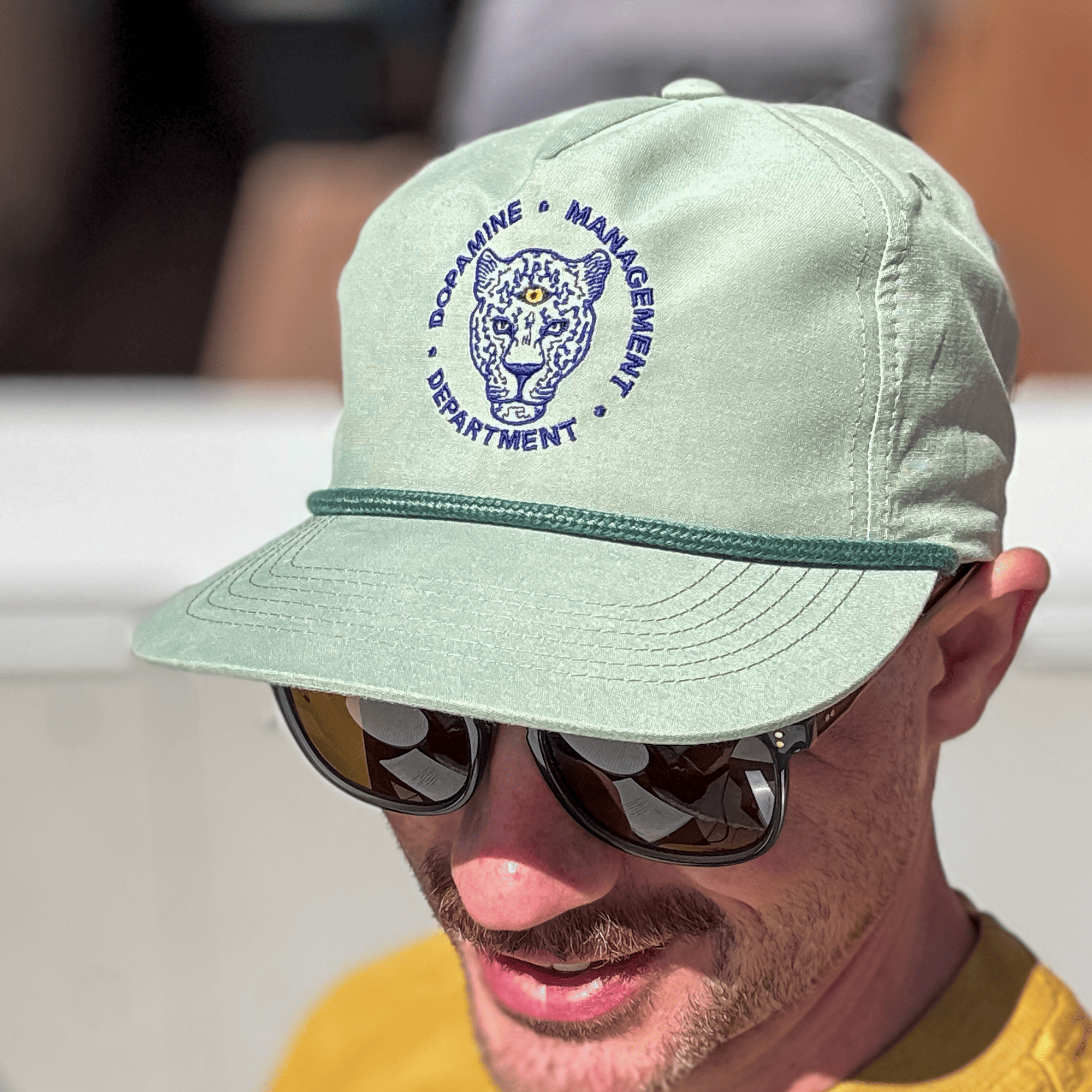 Sage Green Nylon Cotton Hat with Blue Satin Stitching