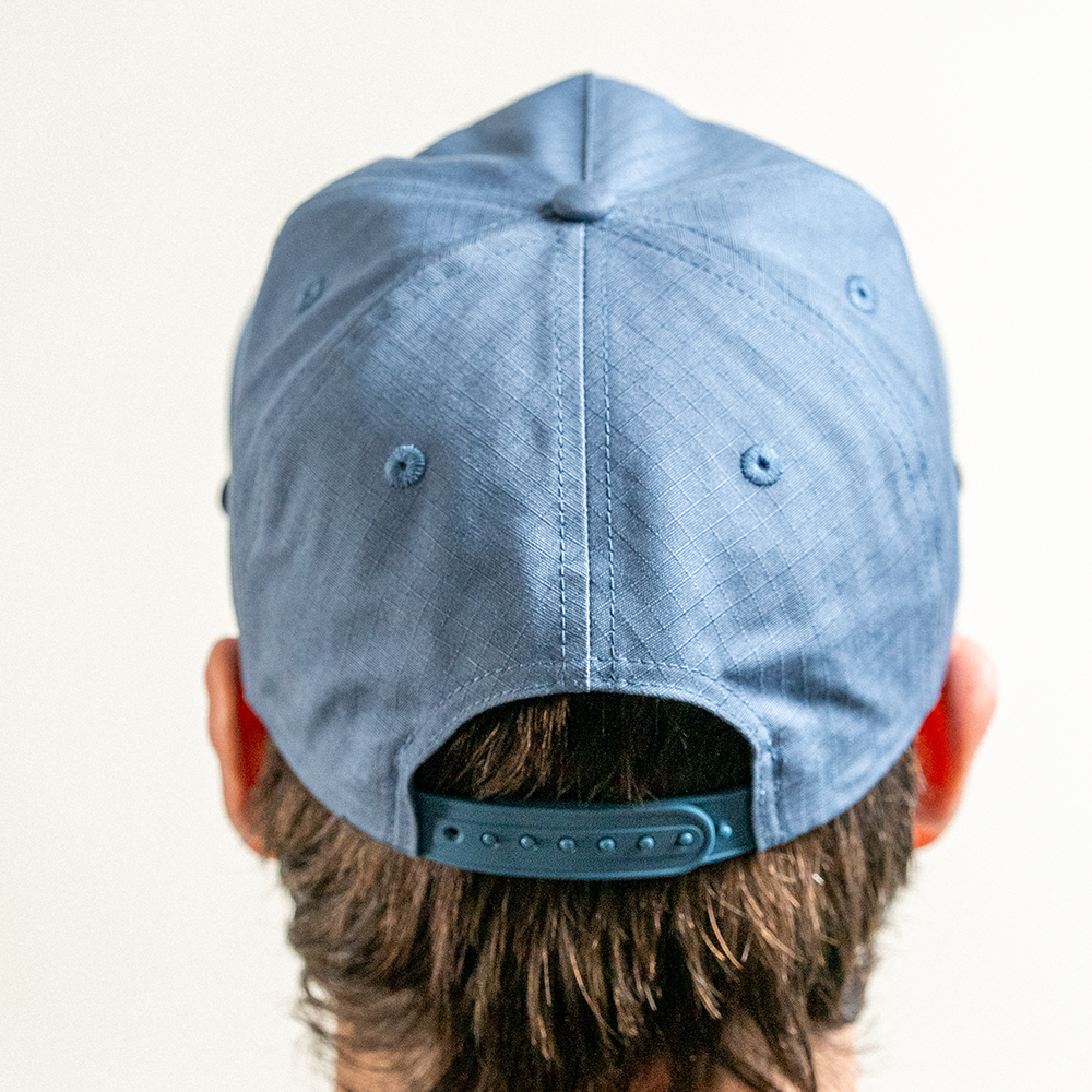 Leopard Cotton Ripstop hat in Blue Slate from behind showing snapback closure.
