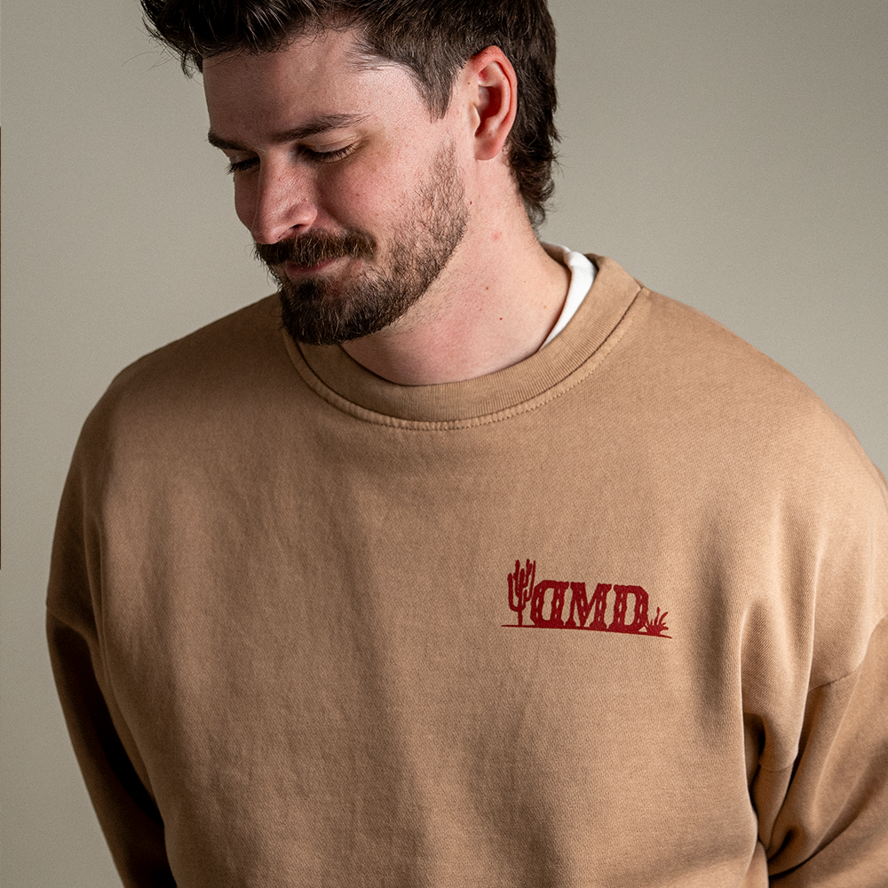 Close up of front left chest graphic on Final Frontier crewneck sweatshirt.