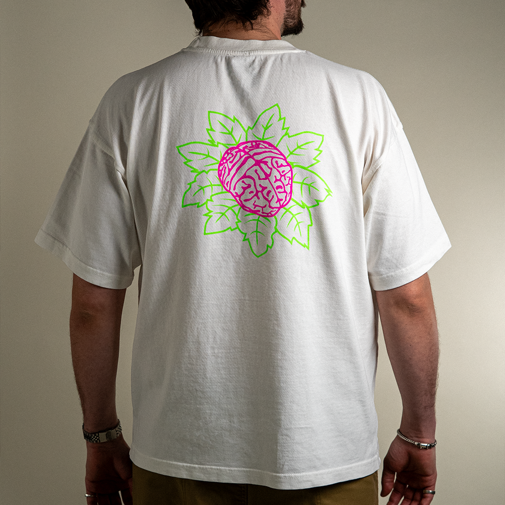 Back design of Icon heavyweight tee on model. Heavyweight white cotton tee.