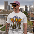 Model Wearing Mountain Sunrise Tee Outdoors