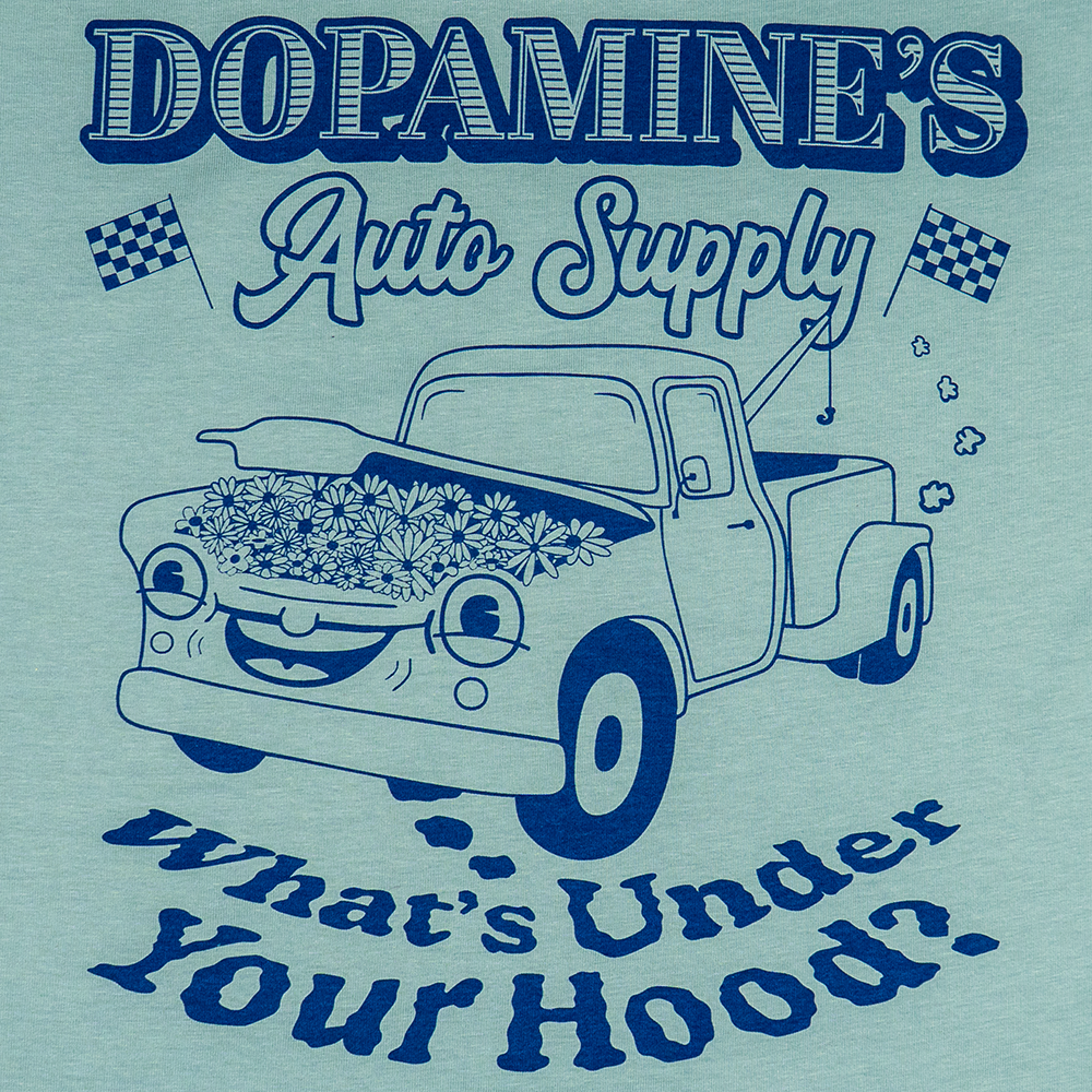 Close-up of Dopamine’s Auto Supply truck graphic with flowers