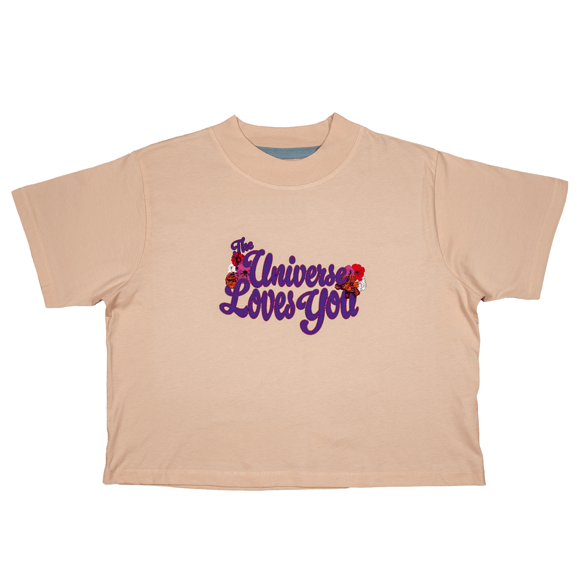 Peach women’s crop top with floral script design