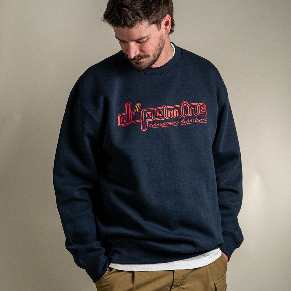 Model in Dopamine Management Department geometric cherry logo sweatshirt