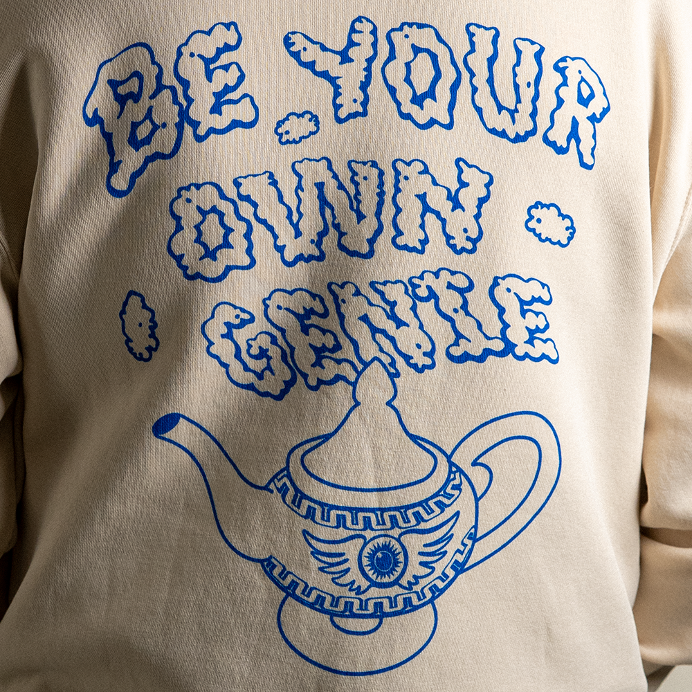 Close up of back design on Be Your Own Genie zip up hoodie.