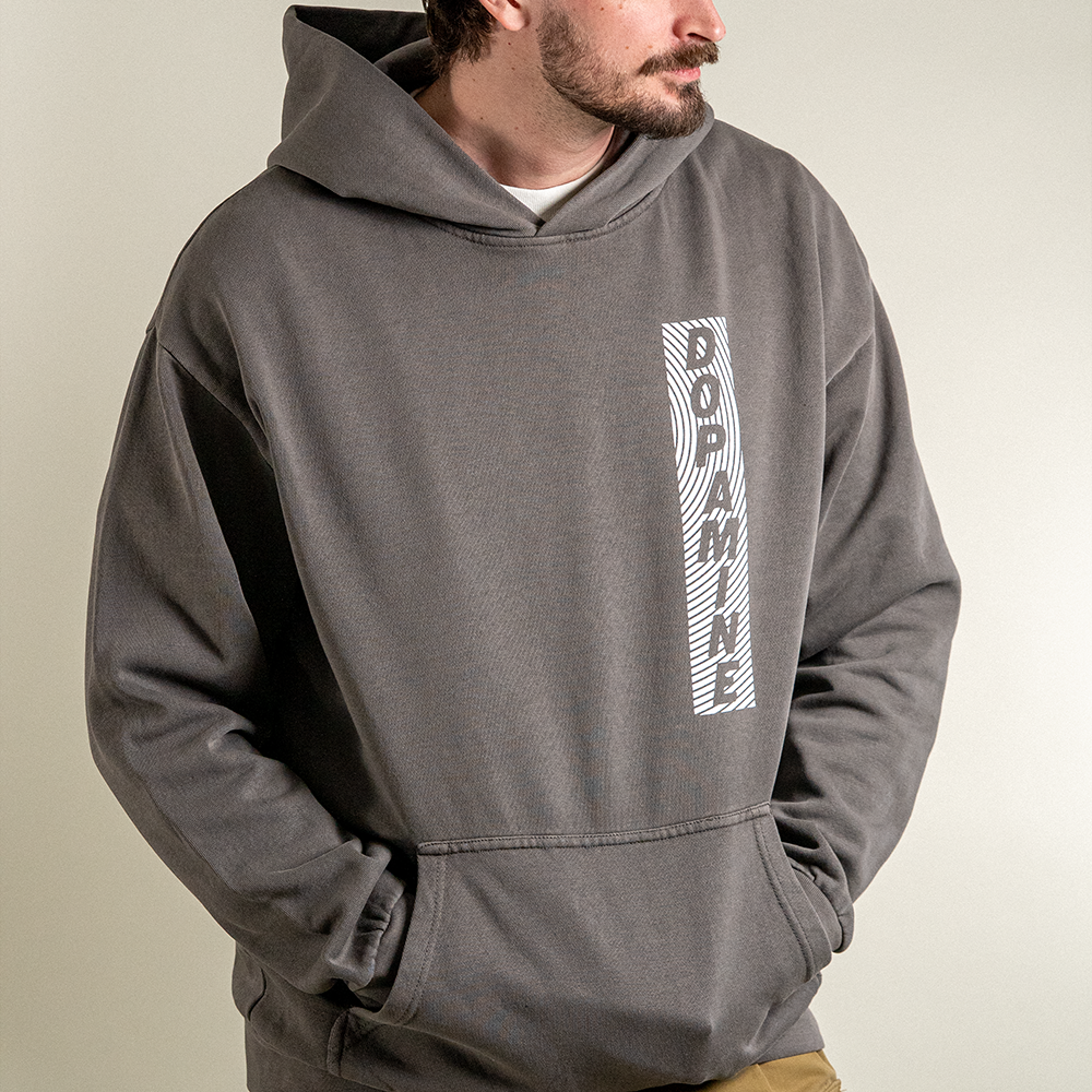 Front view of model wearing Rose heavyweight hoodie.