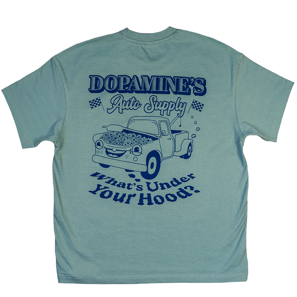 Flat lay of back graphic – vintage truck design