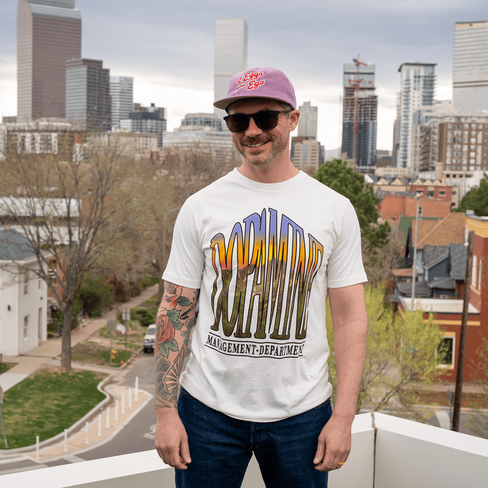 Unisex Off-White Mountain Sunrise T-Shirt with Gradient Graphic