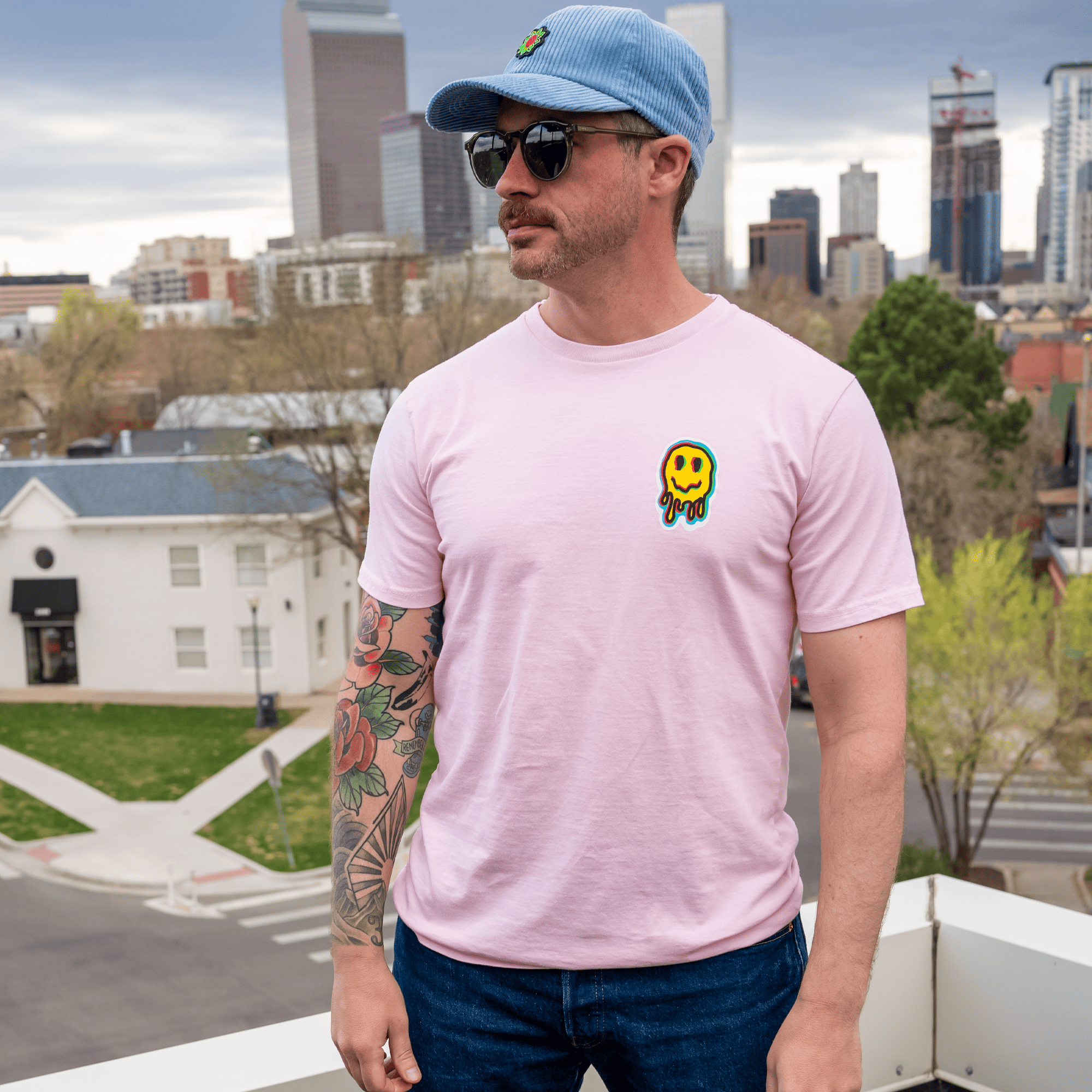 Male Model Wearing Pink Smily T Shirt – Size Medium