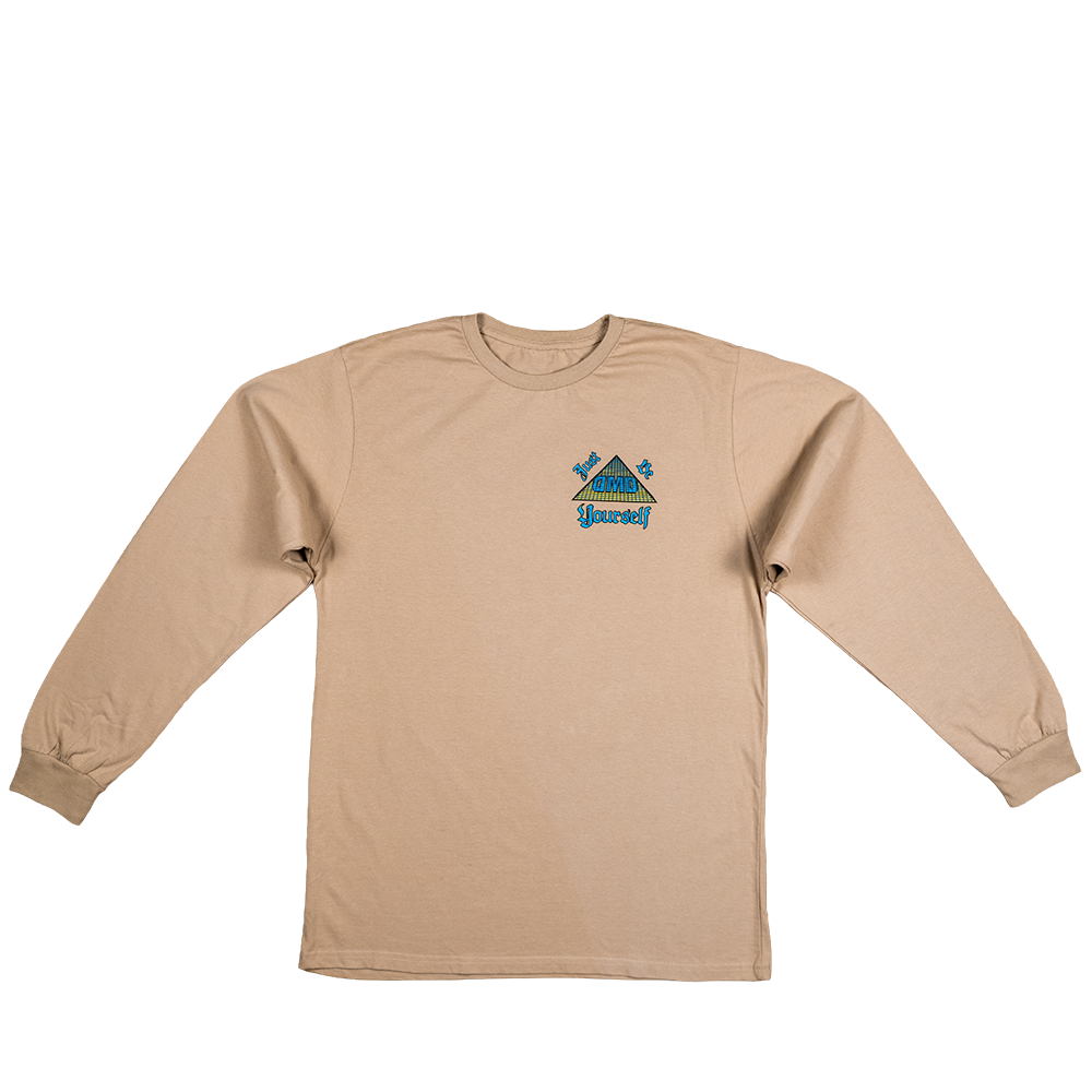 Flat lay of front side of the long sleeve tee with DMD logo and 'Just Be Yourself' print