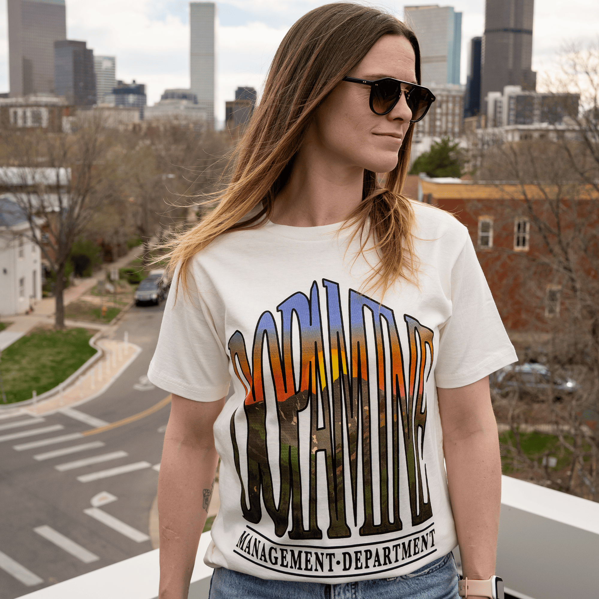 Model Wearing Off-White Graphic Tee Outdoors at Sunrise