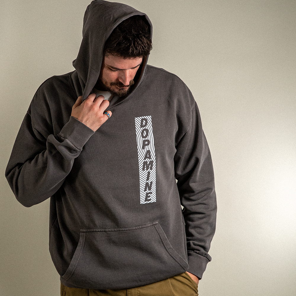 Front view of hooded model wearing Rose heavyweight hoodie.