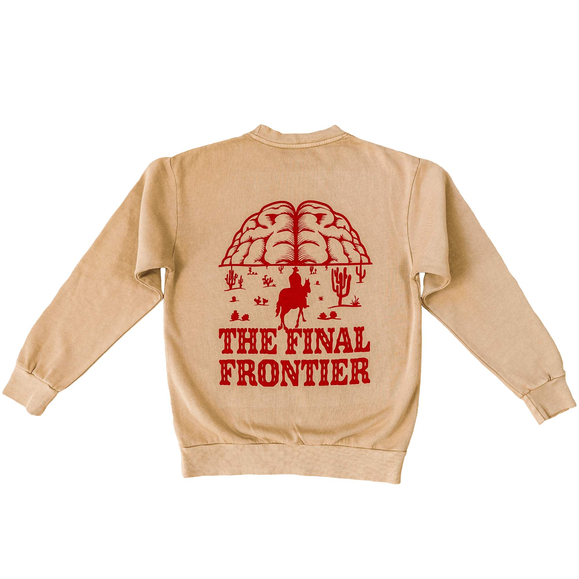 Back view of tan Frontier Heavyweight Crewneck with cowboy and brain mountain graphic