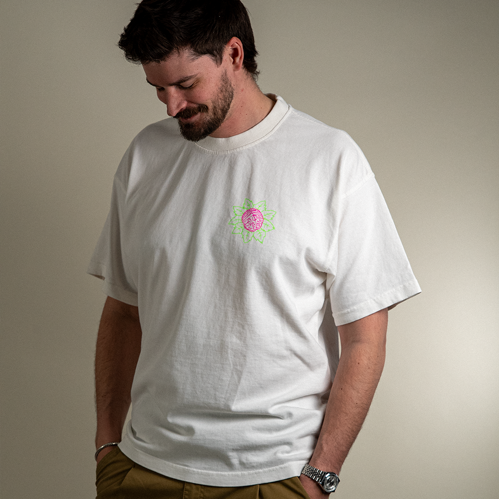 Front view of model wearing icon neon heavyweight tee.