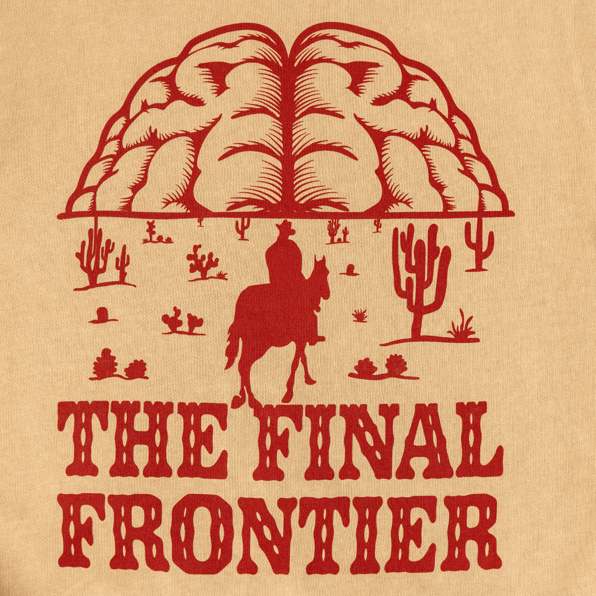 Close-up of oversized burgundy ‘The Final Frontier’ print on heavyweight crewneck