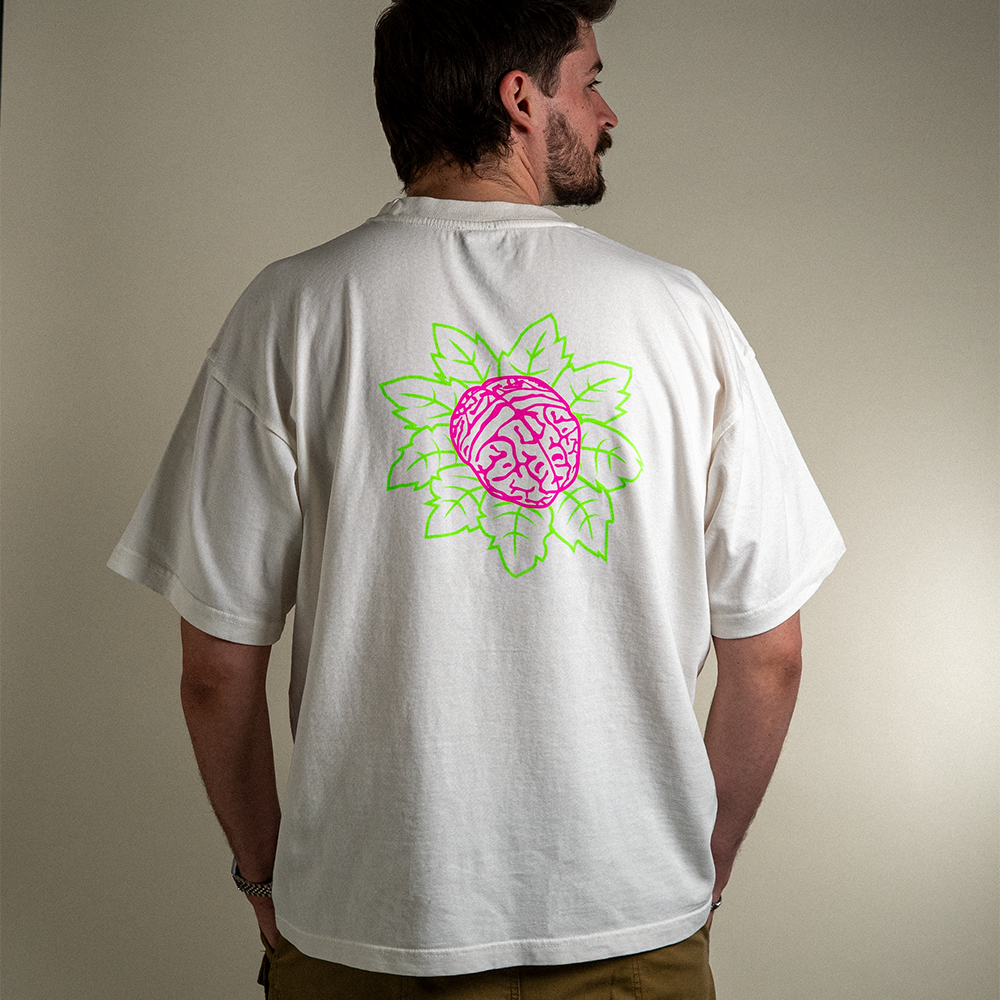 Back view of mindflower Icon heavyweight tee on model