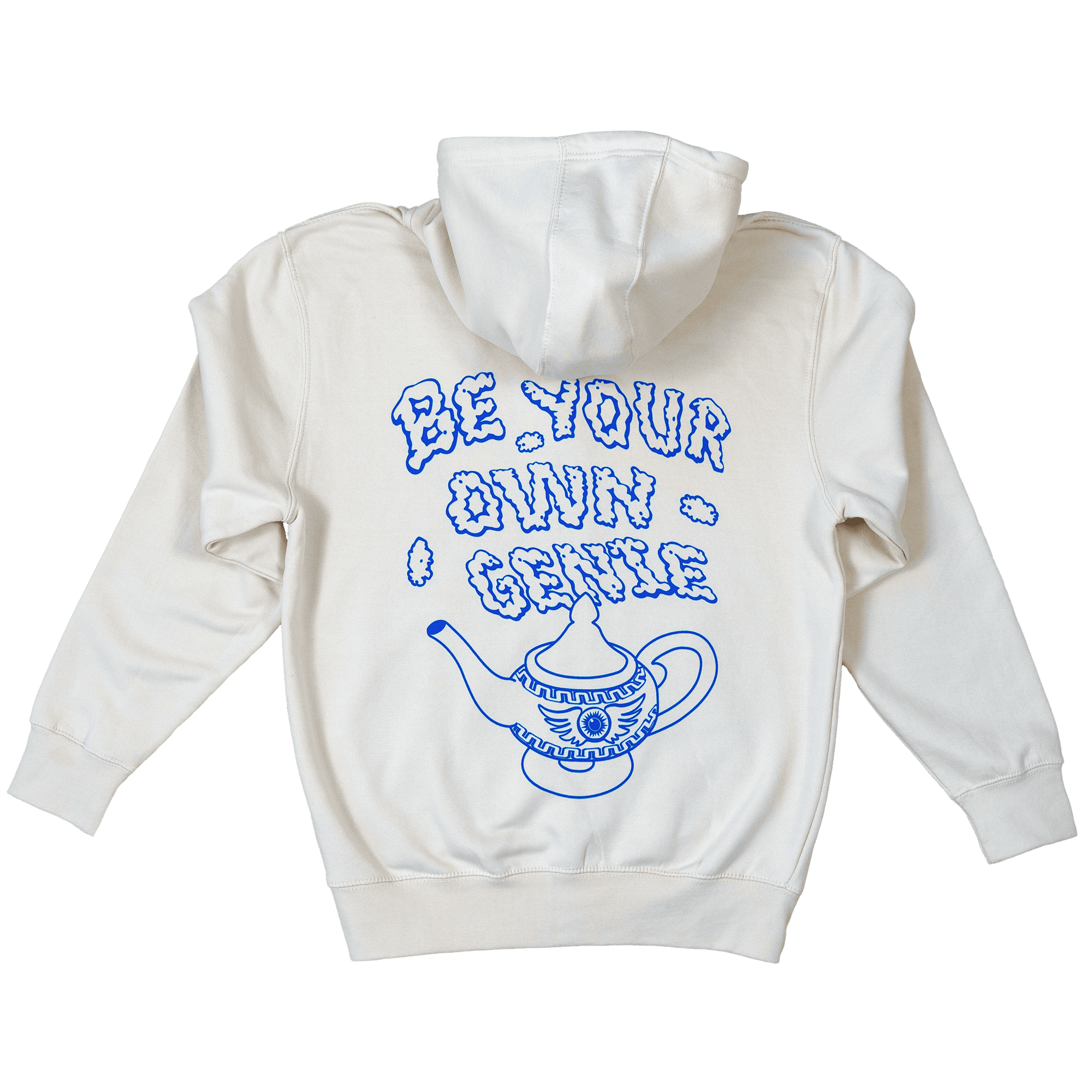 Genie Zip Hoodie back view with “Be Your Own Genie” graphic in bright blue.