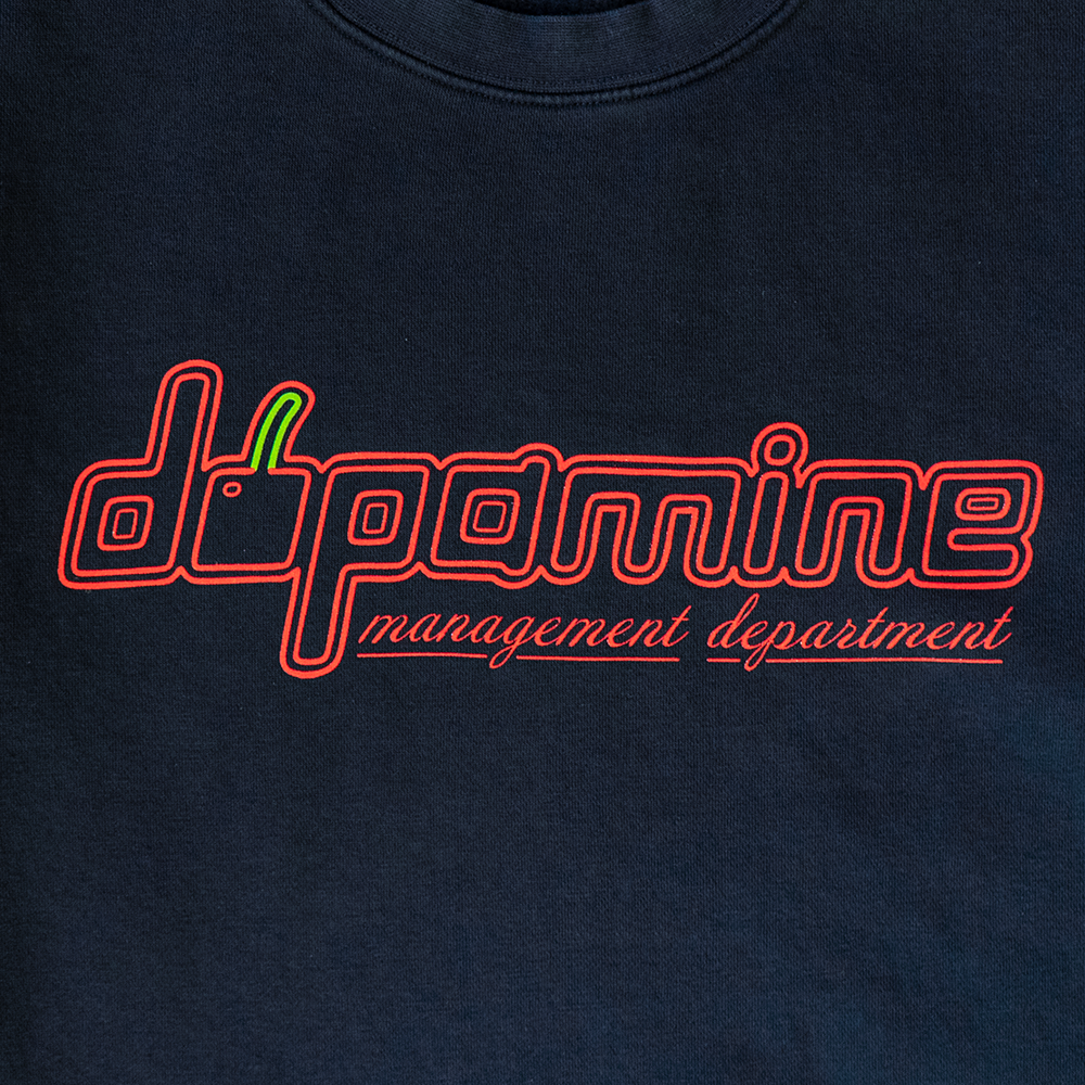 Close-up of Geometric Cherry Heavy Crewneck dopamine logo in red and green