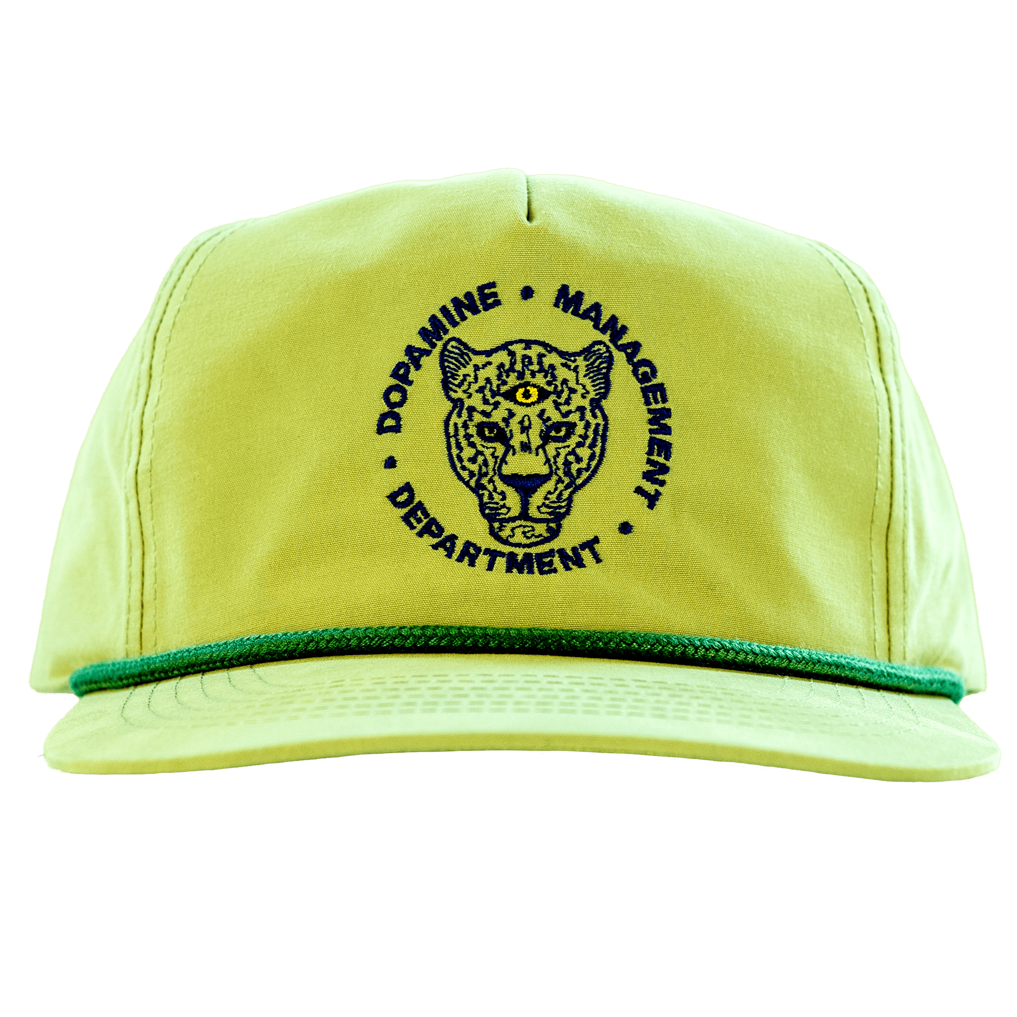 A green snapback style cotton nylon hat with a blue embroidered leopard face at the center, surrounded by text that reads 'DOPamine MANAGEMENT DEPARTMENT'. The hat has a curved brim and an adjustable snap closure.