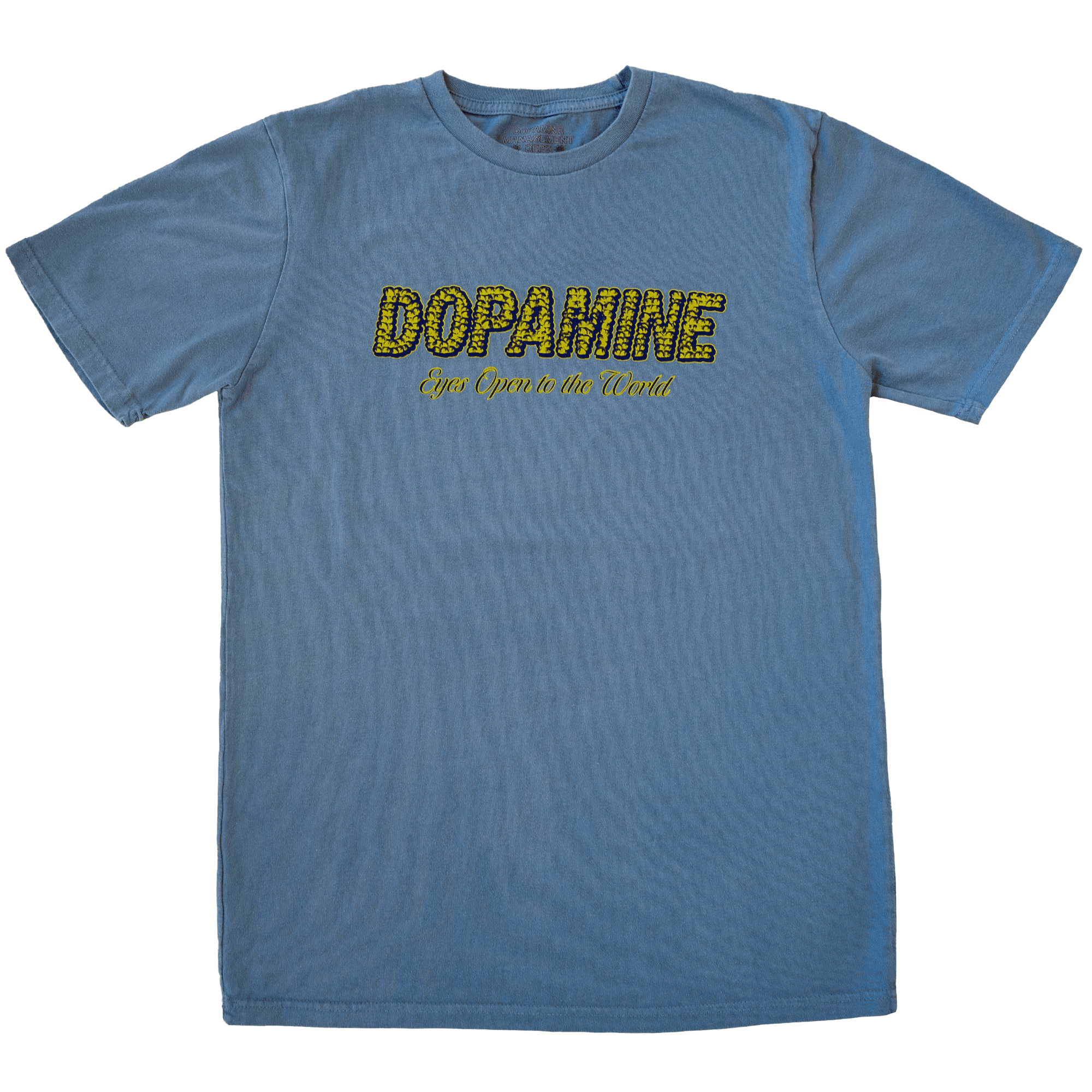Light blue Eyes Open Tee with purple and yellow screen print