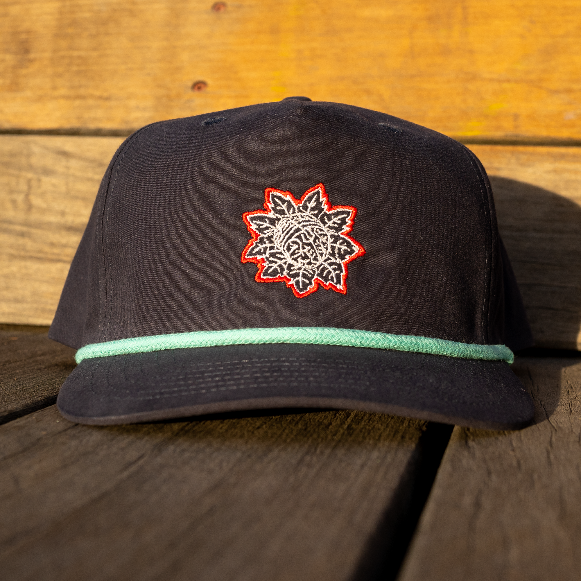 Unisex Navy Blue 5-Panel Snapback with Teal Rope and Red Outline