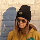 Warm black beanie with sewn mindflower patch design