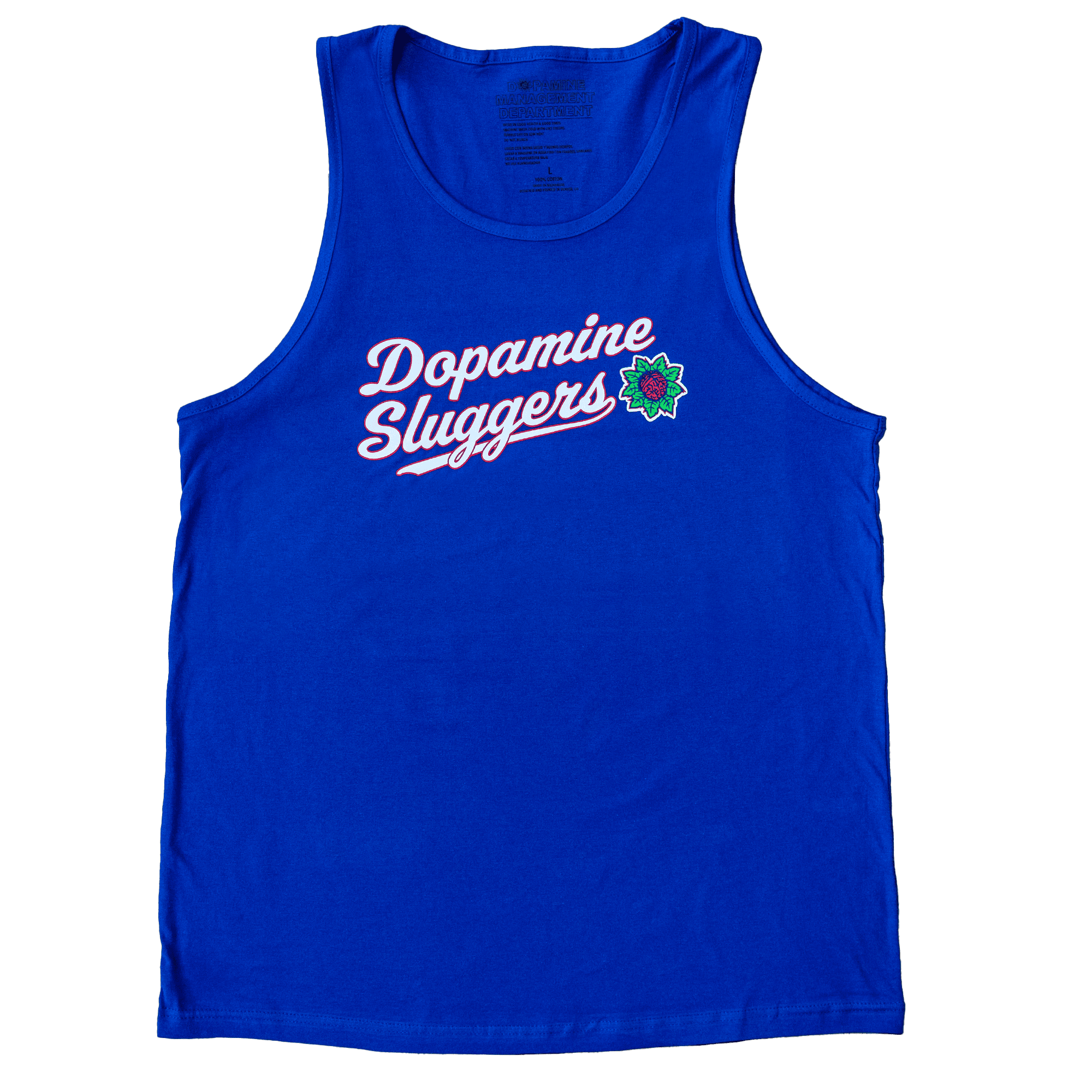 Royal blue Dopamine Sluggers tank top with vintage baseball font and Mindflower icon