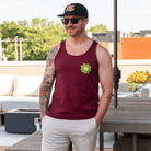 Model wearing Mindflower maroon cotton tank top on rooftop