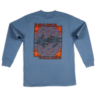 Back view of Kindness Long Sleeve Tee – We Are All Connected skeleton hands and roses graphic in red and black on blue cotton shirt