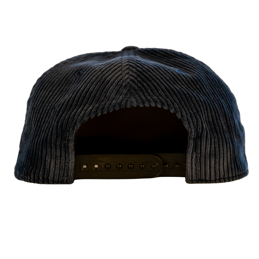 Navy blue cotton corduroy cap with a black snapback closure