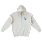 Cream zip hoodie front view with DMD genie lamp chest logo.