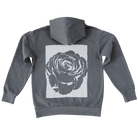 Rose Heavyweight Hoodie back view with oversized radial rose print in white