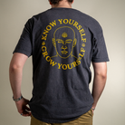Back view of model wearing Know Yourself Grow Yourself distressed vintage Cotton Tee for Men and Women