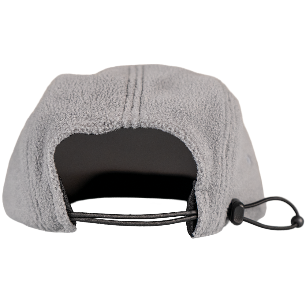 back view showing grey fleece texture and adjustable bungee cord closure