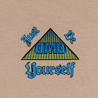 Front chest detail with “Just Be Yourself” DMD pyramid logo