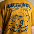 Close up of back design of Under the Hood heavyweight cotton tee in color peanut butter.