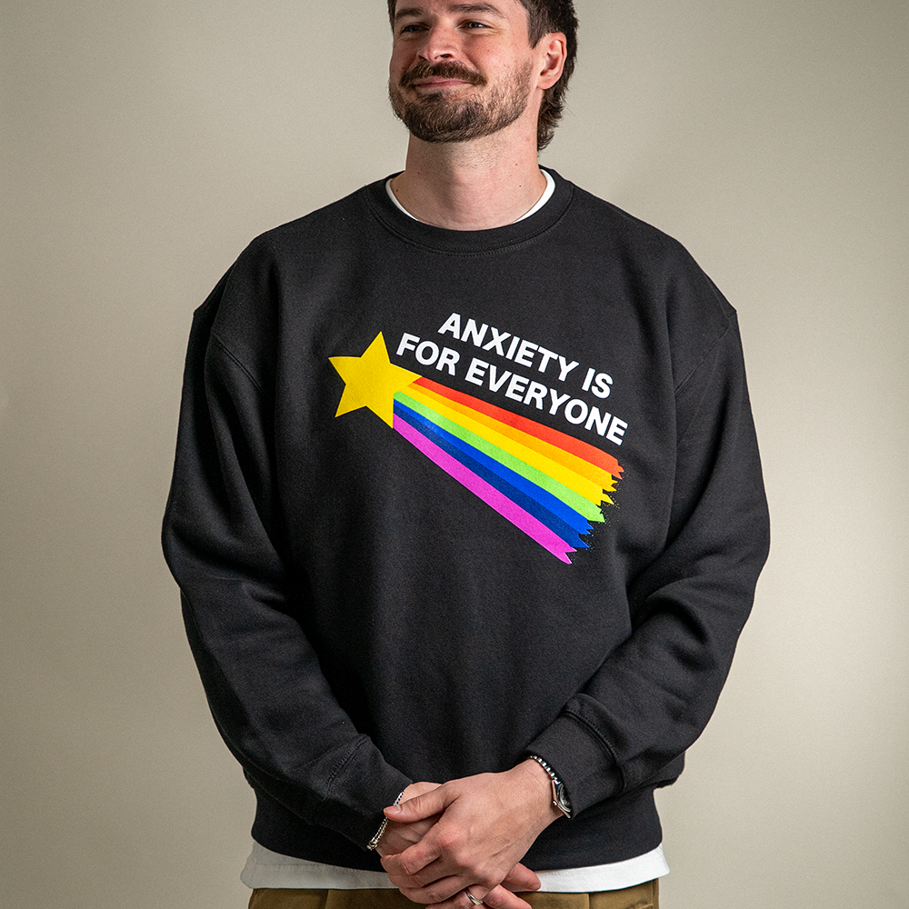 Model wearing Anxiety is For Everyone crewneck sweatshirt in black