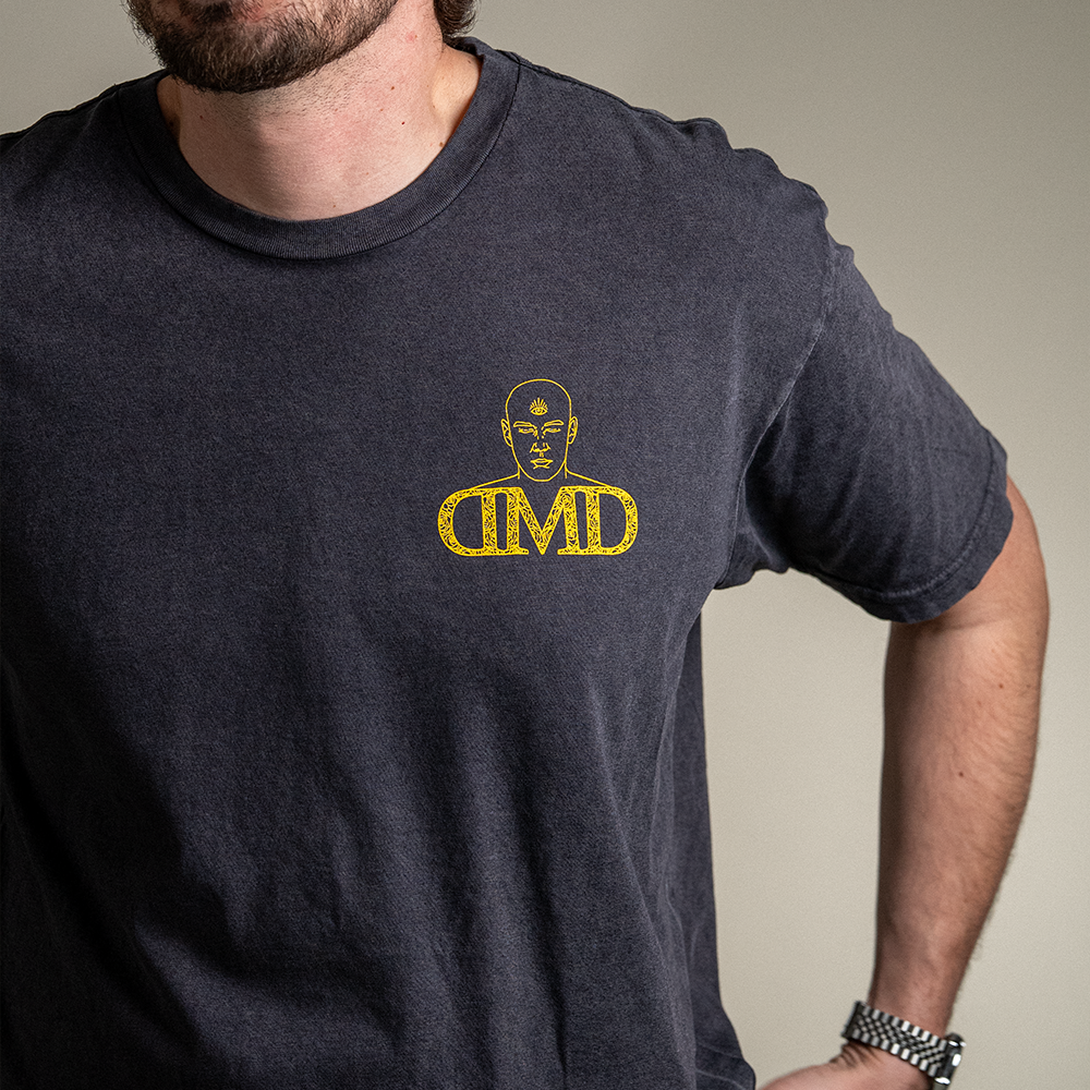 Close up of front left chest logo on Know Yourself Grow Yourself vintage tee. 