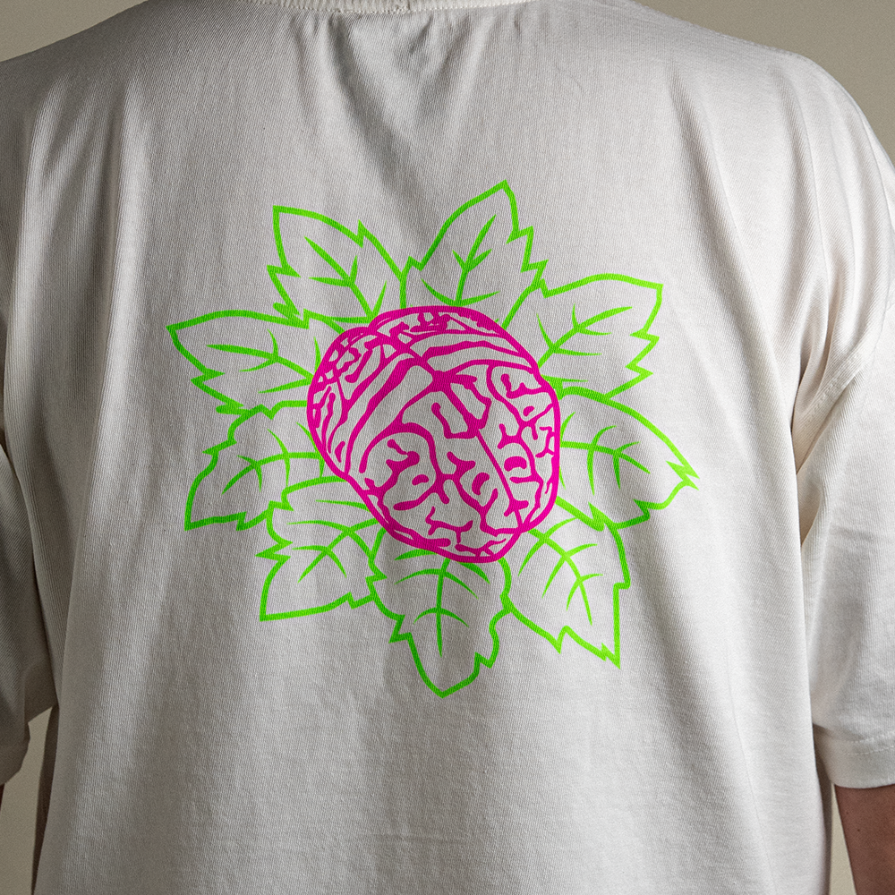 Close up of back design of icon neon heavyweight tee. 