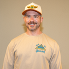 Front view of model wearing Pyramid of Success tee and front chest detail with “Just Be Yourself” DMD pyramid logo