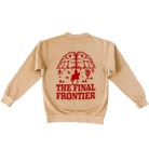 Back view of tan Frontier Heavyweight Crewneck with cowboy and brain mountain graphic