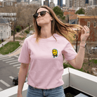 Female Model Wearing Pink Smily T Shirt – Size Small
