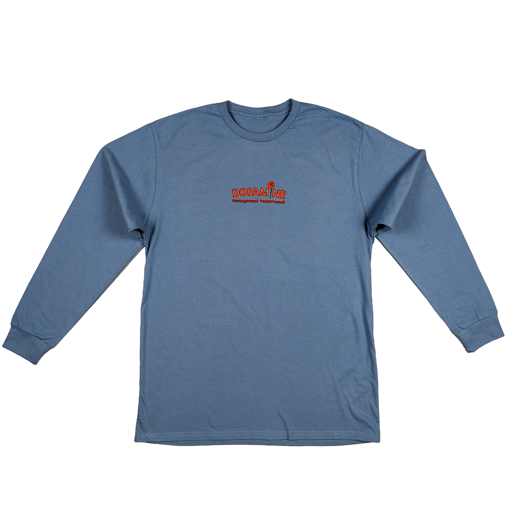 Front view of Kindness Long Sleeve Tee – Dopamine Management Department logo with rose detail on blue cotton long sleeve