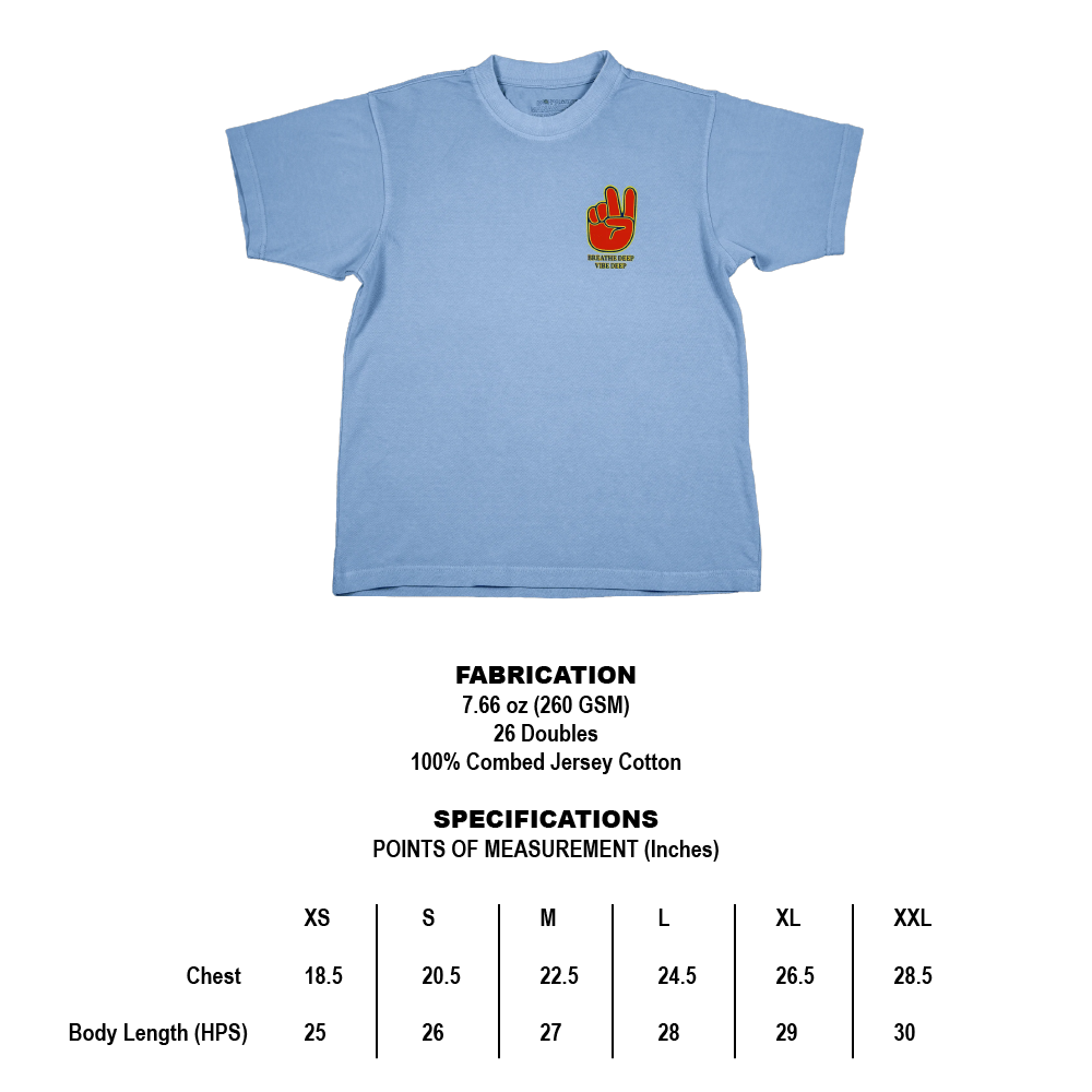 Sizing chart for Breathe Deep Vibe Deep heavyweight cotton t shirt