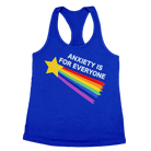 Women’s royal blue racerback tank top with ‘Anxiety is for Everyone’ graphic