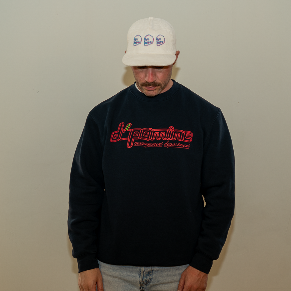 Model in Dopamine Management Department cherry logo sweatshirt
